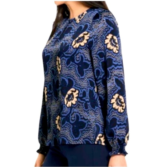 Ted Baker Floral Blue & Pink Blouse Long Sleeve Ruching On Cuff Key Hole Size XL - Picture 8 of 11